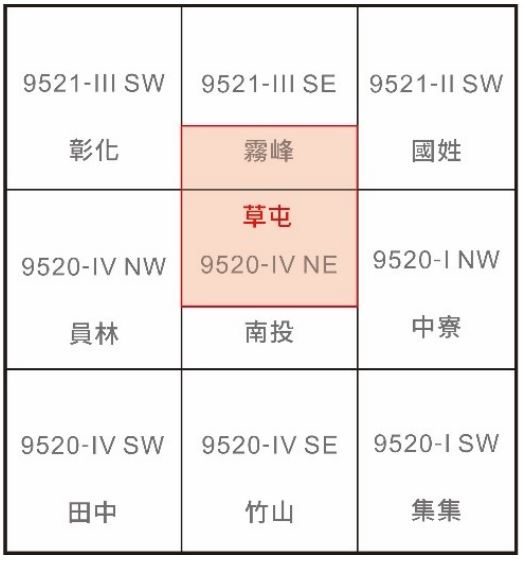 草屯圖幅範圍（紅色區域）與鄰近 1：25,000 經建版地形圖圖幅接合表